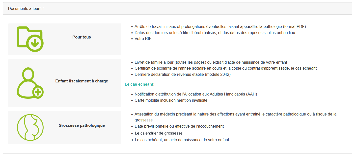 Pour tous : AT initiaux, dates des derniers actes libéraux et RIB / Enfant fiscalement à charge : livret de famille à jour ou extrait d'acte de naissance, certificat de scolarité ou contrat d'apprentissage, dernière déclaration de revenus modèle 2042 / Grossesse pathologique : attestation du médecin précisant la nature des affections ayant entrainé le caractère pathologique, date prévisionnelle ou effective de l'accouchement et le cas échéant un acte de naissance